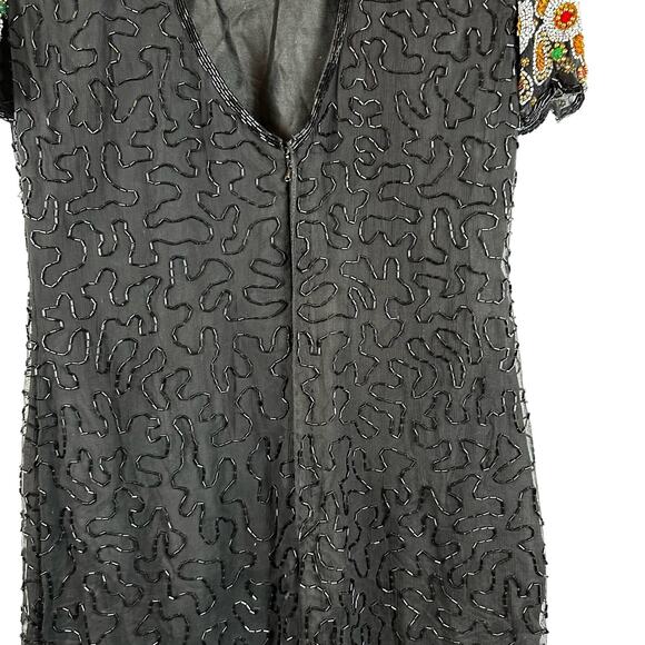 Laurence Kazar Short Sleeve Bodycon Beaded Black Mini Silk Dress Womens L Petite - Picture 8 of 16